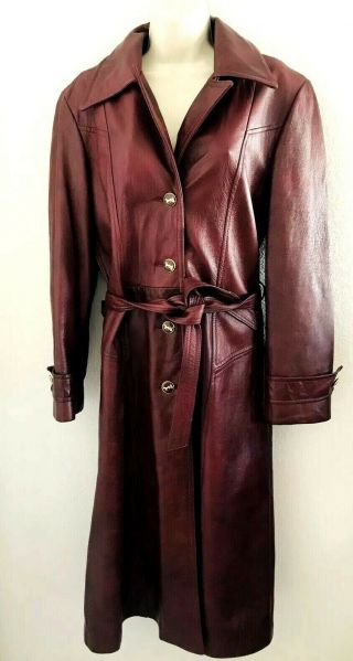 Vtg Oxblood/burgundy Leather Full Length Trench Coat Spy/detective/gypsy/boho