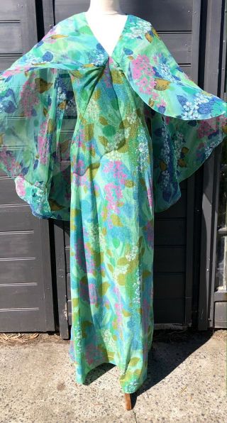Vintage 1970s Silver Star Green Metallic Floral Maxi Dress Gown Size 12