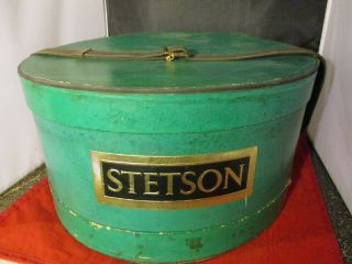 Vintage Stetson Hat Box Green W Belt Great Display Advertisement