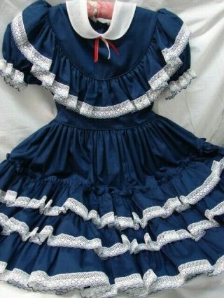 Vintage Lilo Navy Blue Ruffles Lace Circle Skirt Crinoline Party Dress Size 8