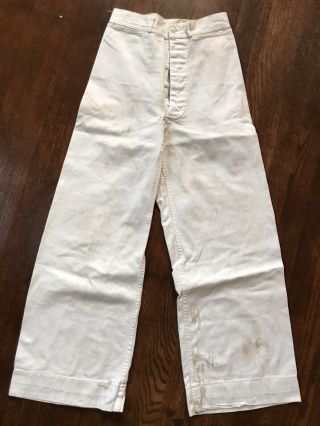 Vtg Wwii Ww2 1940s Usn Us Navy White Cotton Bell Trousers Stenciled 24x26