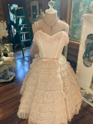 Vintage 50s White & Pink Lace And Tulle Ruffle Prom Evening Party Dress