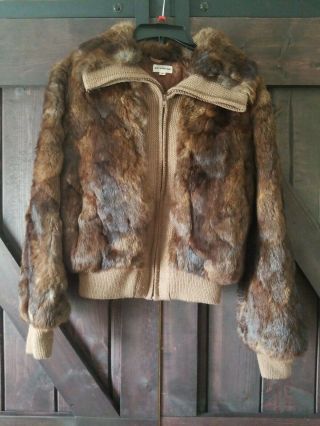 Made In Hong Kong Brown Dyed Rabbit Fur Long Sleeve Bomber Jacket Medium