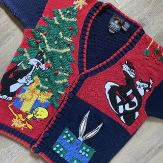 Vintage Looney Tunes Ugly Christmas Sweater Size L Cardigan Eagles Eye Red Multi