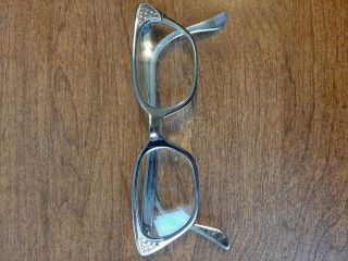 Vtg 60s Silver Artcraft Aluminum 4 1/4 - 5 1/2 Frames Cat Eye Glasses W/rineston