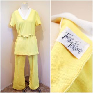 Pale Yellow 2pc Pant Suit | 60s Casual Summer Tracksuit | Vintage Loose Fit Pant