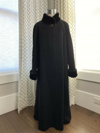 Vintage Leslie Faye Black Wool And Faux Fur Coat Size Large Retro Lined 14