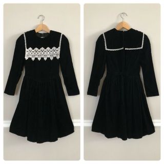 Vtg 90s Gunne Sax Girls Black Velvet Lace Sailor Collar Dress Puff Sleeve Gothic