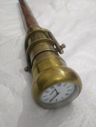 Collectible Vintage Brass Telescope And Clock Handle Wooden Walking Stick Cane