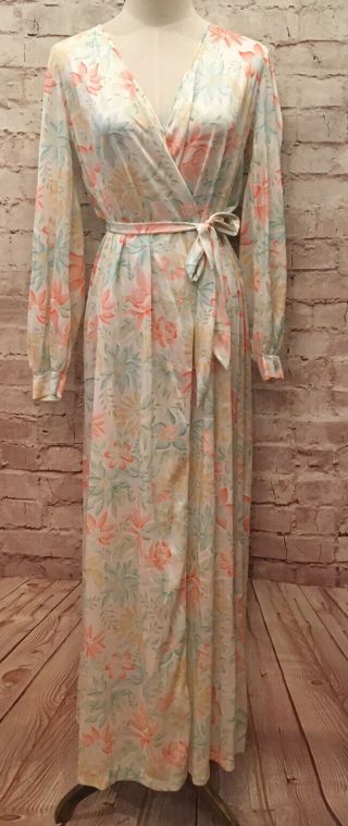 Vtg Rare Olga Full Length Nylon Robe Wrap Sash Belt Ivory Pastel Floral Size S