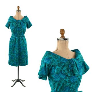 Vintage 50s Blue,  Green Rose Floral Print Hourglass Cocktail Party Pin Up Dress