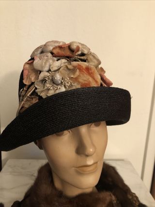 1920’s Vintage Black Straw Cloche With Flowers