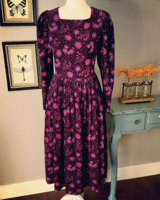 Vintage Laura Ashley Purple Floral Corduroy Dress Size Uk 12 Usa 14