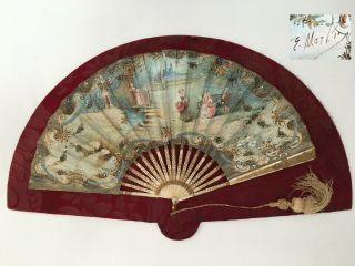19th C.  French Bone & Paper Fan W/gilded Silver Inlaid & Sequins.