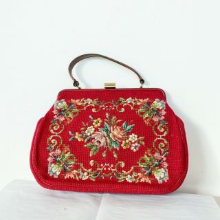 Vintage 70s Large Red Floral Needlepoint Tapestry Purse