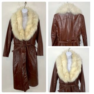 Vtg 70’s Leather And Fur Trench Coat Chocolate Brown Women’s Medium