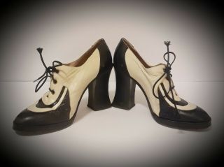 Authentic Vtg 60s / 70s Black & White Italian Leather Platform Shoes Size 7.  5