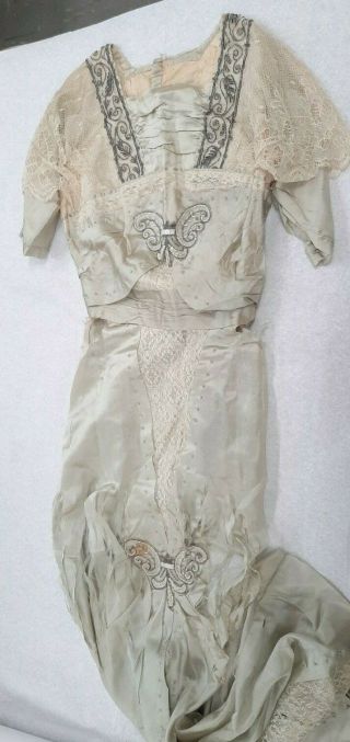 Vintage 1890s - 1910s Silk And Lace Tea Dress With Sequin Appliques