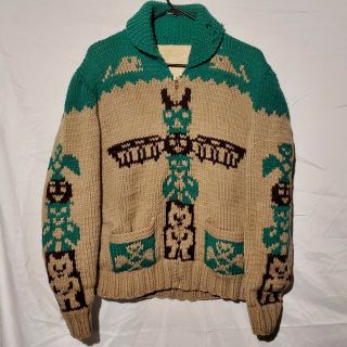 Vintage Handknitted Wool Cowichan Sweater Totem Whale Eagle Size M/l Green Tan