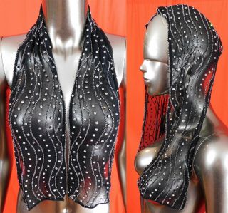 Art Deco Black Silk Crystal Rhinestone Beaded Neck Scarf Flapper Dress Trim Vtg