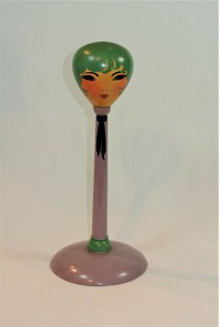 Vintage Wood Hat Stand Painted Lady Head Purple And Green