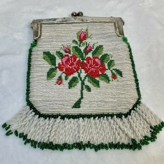 Antique Beaded Purse Bag Silver Plate Frame W/ Roses Beaded Fringe Missing Chain