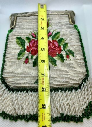 Antique Beaded Purse Bag Silver Plate Frame w/ Roses Beaded Fringe Missing Chain 3