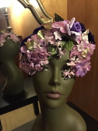 Vintage 1940’s Designer Purple Pink Floral Silk And Velvet Caplet Hat