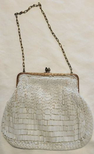 Antique French White Micro Beaded Hinged Purse Vintage Art Deco Flapper Bag 1920