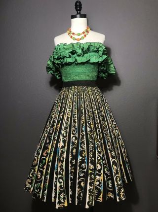 1950s Hand Painted Mexican Circle Skirt By Maya De Mexico,  Vintage Vtg Tourist