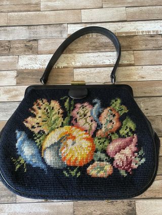 Vintage Tapestry Needlepoint Seashell Carpet Bag Purse Seahorse Embroidery