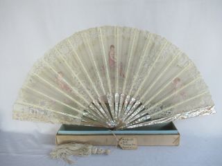 Victorian Antique Artist Signed Hand Painted Lace Hand Fan.  Cherubs?