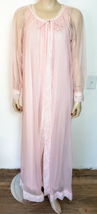 Vtg 50s 60s Miss Elaine Sheer Nylon Chiffon Nightgown Robe Set Peignoir Sz S/m