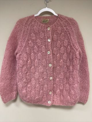 Vintage Hand Knit In Italy Fuzzy Pink Wool & Mohair Sweater Cardigan Medium M