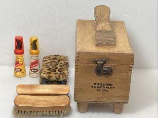 Vintage Esquire Wooden Shoe Valet De Luxe Shoe Shine Box & Accessories