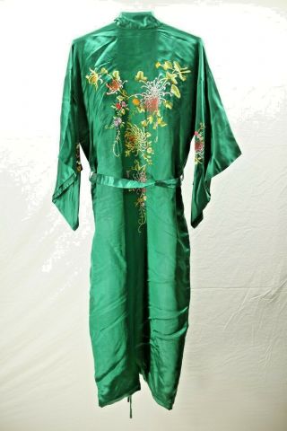 Vintage Golden Deer Hand Embroidered Green Silk Long Robe Medium Floral