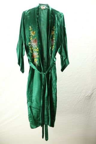 Vintage Golden Deer Hand Embroidered Green Silk Long Robe Medium Floral 2