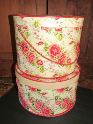 Set 2 Vintage Rose Covered Hat Boxes Braided Cord Handles 11 " - 12 " Great Storage