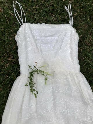 Vtg 50s 60s | White Emma Domb Lace Tiered Bohemian Prom Party Wedding Dress | S