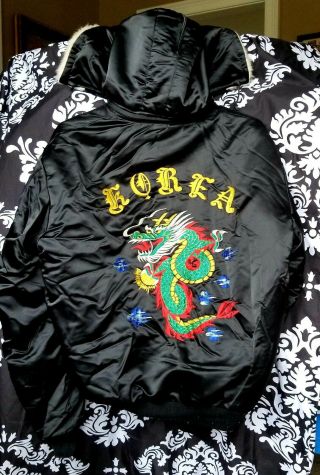 Vintage Korea Embroidered Dragon Sukajan Satin Souvenir Jacket Size L Fur Hood