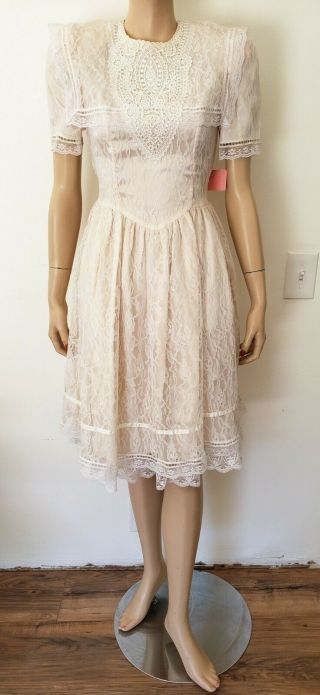 Vtg 80s Gunne Sax Jessica Mcclintock Lace Satin Dress Victorian Tea Dress Xs/s