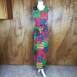 Vintage 1960s Design House Rainbow Patchwork Cotton Apron Wrap Pinafore Dress