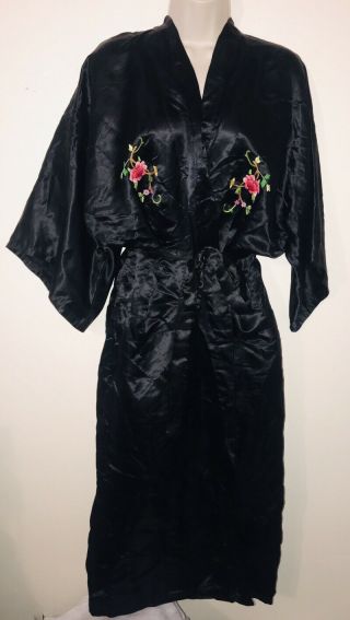 Vintage Golden Deer Hand Embroidered Black Silk Long Robe Small