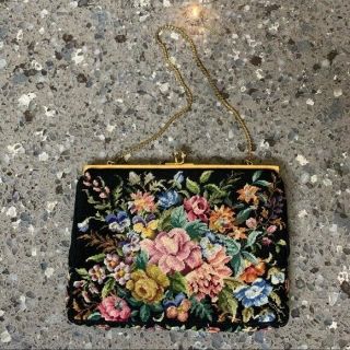 Vtg 1950s Petit Point Floral Embroidered Coin Purse