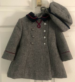 Vintage Girls Gray Navy Wool Dress Coat & Matching Hat Size 2 F.  W.  Fischer