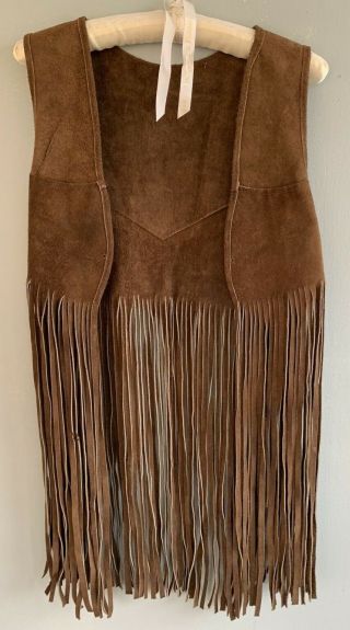 Vintage Suede Leather Fringe Vest Brown Womens Hippie Boho Festival