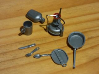 Action Man Camp Stove,  Mess Tin,  Cup,  Canteen,  Knife,  Fork,  Spoon