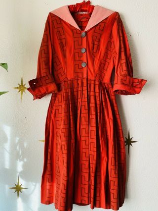 1950s Red Greek Key Cotton Day Dress Sailor Collar Julie Miller