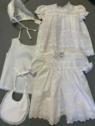 Vtg White Baby Baptism Christening 5 Piece Outfit Dress Gown Bib Hat Girl Or Boy