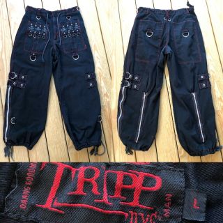 Vtg 1990s Tripp Nyc Men’s Pants L Goth Rave Black Wide Leg Skull Straps Rings
